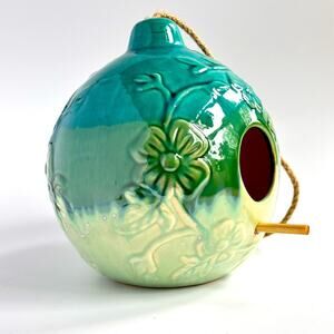 NEW Handmade Floral Turquoise Ceramic Bird House/Feeder